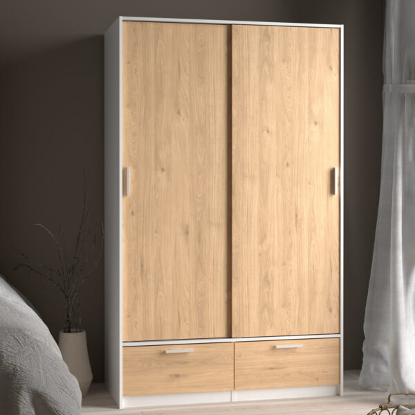Line Wardrobe with 2 Doors + 2 Drawers in White and Jackson Hickory Oak | Assembly Required