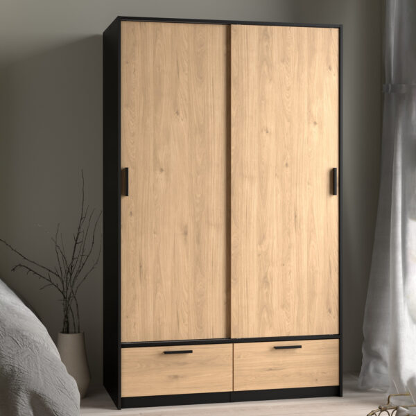 Line Wardrobe with 2 Doors + 2 Drawers in Black and Jackson Hickory Oak | Assembly Required