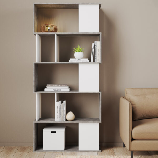 Maze Open Bookcase 4 Shelves in Concrete and White | Assembly Required