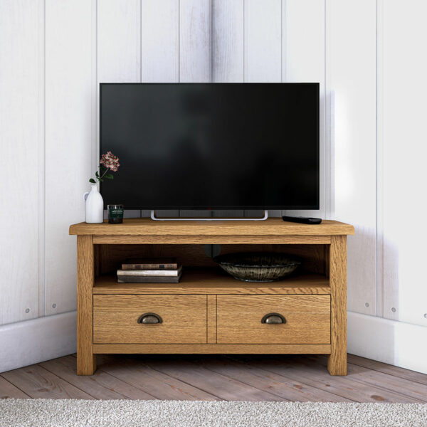 Ancroft Waxed Oak Corner TV Unit | Fully Assembled | Clearance