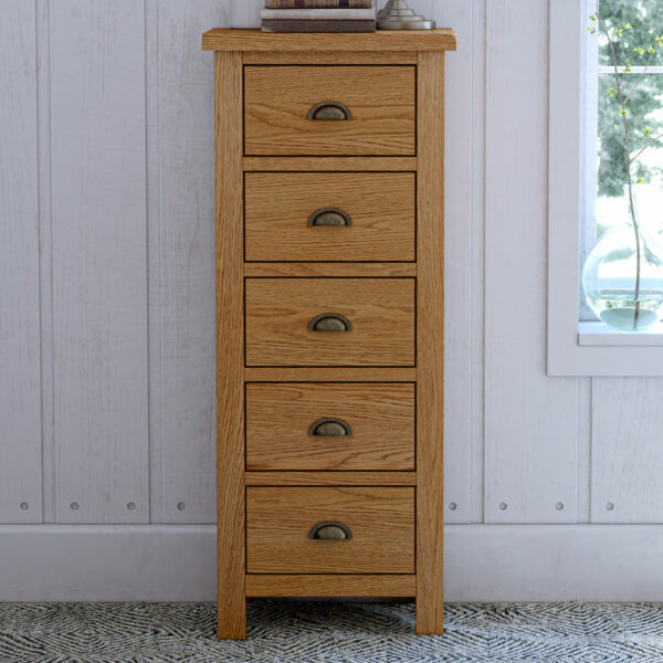 Ancroft Waxed Oak 5 Drawer Tallboy | Fully Assembled
