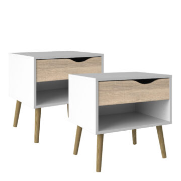 Oslo White Pair of 1 Drawer Bedside Cabinets | Oak Finish