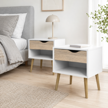 Oslo White Pair of 1 Drawer Bedside Cabinets | Oak Finish