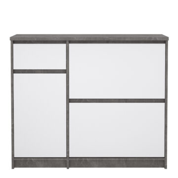 Moderno Shoe Cabinet with 2 Shoe Compartments, 1 Door and 1 Drawer in Concrete and White High Gloss