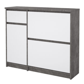 Moderno Shoe Cabinet with 2 Shoe Compartments, 1 Door and 1 Drawer in Concrete and White High Gloss