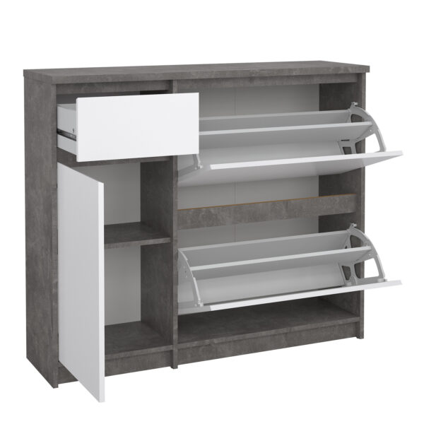 Moderno Shoe Cabinet with 2 Shoe Compartments, 1 Door and 1 Drawer in Concrete and White High Gloss | Self Assembly