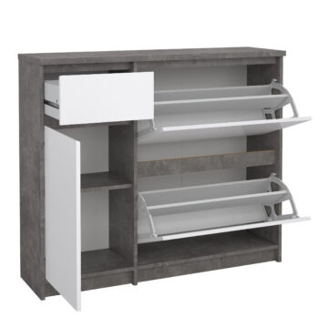 Moderno Shoe Cabinet with 2 Shoe Compartments, 1 Door and 1 Drawer in Concrete and White High Gloss