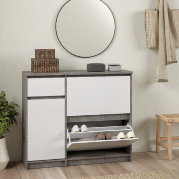 Moderno Shoe Cabinet with 2 Shoe Compartments, 1 Door and 1 Drawer in Concrete and White High Gloss | Self Assembly