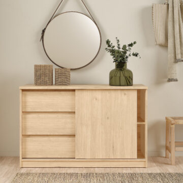 Moderno Storage Unit with 1 Sliding Door and 3 Drawers in Jackson Hickory Oak | Self Assembly