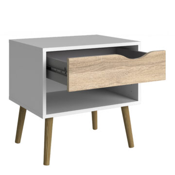 Oslo White Pair of 1 Drawer Bedside Cabinets | Oak Finish
