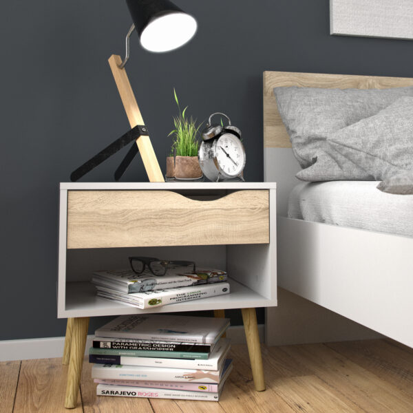 Oslo Pair of 2 Bedside 1 Drawer Cabinets in White and Oak | Self Assembly