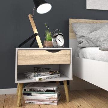 Oslo White Pair of 1 Drawer Bedside Cabinets | Oak Finish