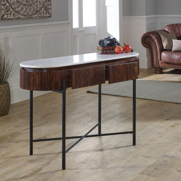 Chardale Mango Wood Console Table With Marble Top And Metal Legs |