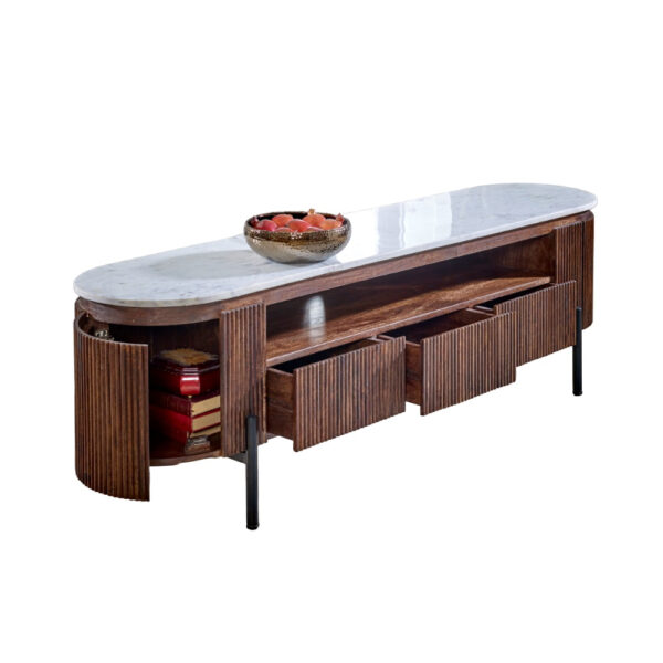 Chardale Mango Wood Large Tv Stand With Marble Top & Metal Legs |