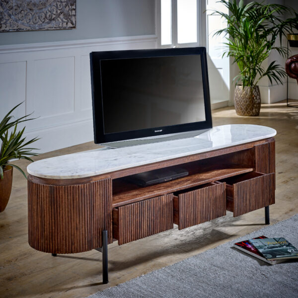 Chardale Mango Wood Large Tv Stand With Marble Top & Metal Legs |