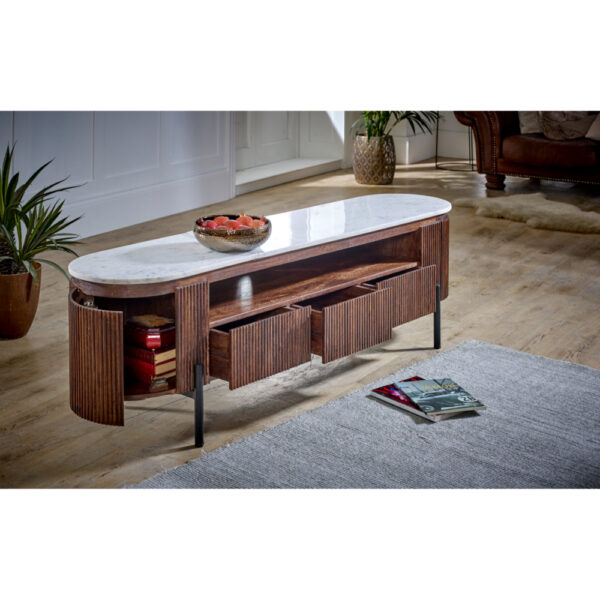 Chardale Mango Wood Large Tv Stand With Marble Top & Metal Legs |