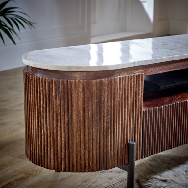 Chardale Mango Wood Large Tv Stand With Marble Top & Metal Legs |