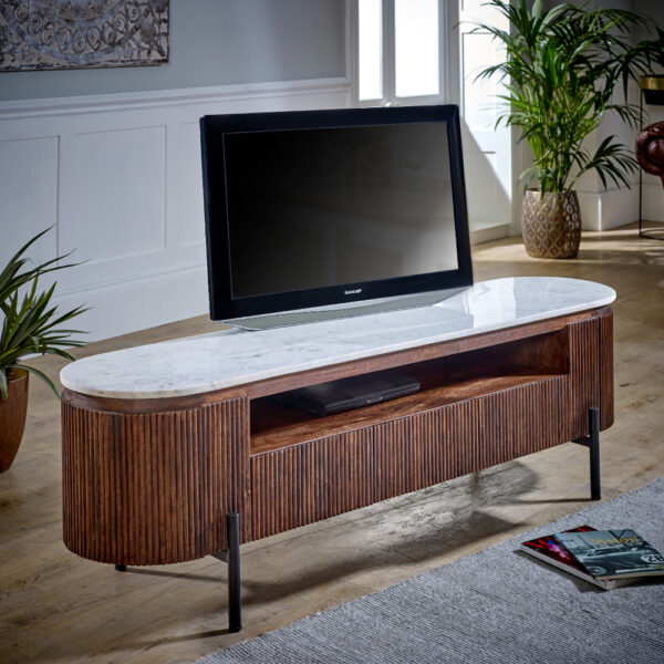 Chardale Mango Wood Large Tv Stand With Marble Top & Metal Legs