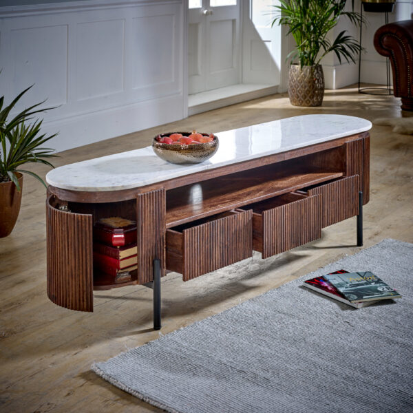 Chardale Mango Wood Large Tv Stand With Marble Top & Metal Legs |