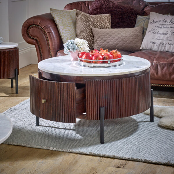 Chardale Mango Wood Round Fluted Coffee Table With Marble Top & Metal Legs |