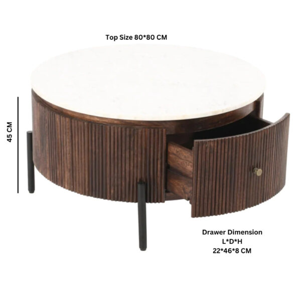 Chardale Mango Wood Round Fluted Coffee Table With Marble Top & Metal Legs |