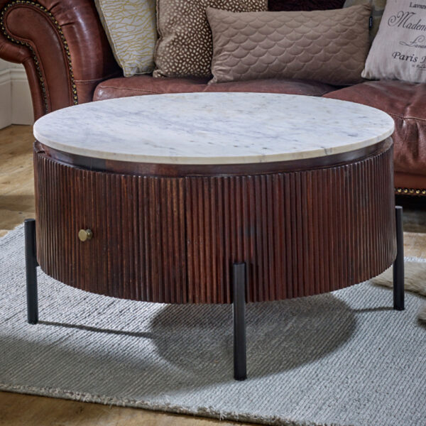 Chardale Mango Wood Round Fluted Coffee Table With Marble Top & Metal Legs |