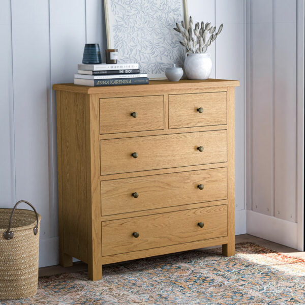Bywell Waxed Oak 2 over 3 Chest of Drawers | Fully Assembled | Clearance