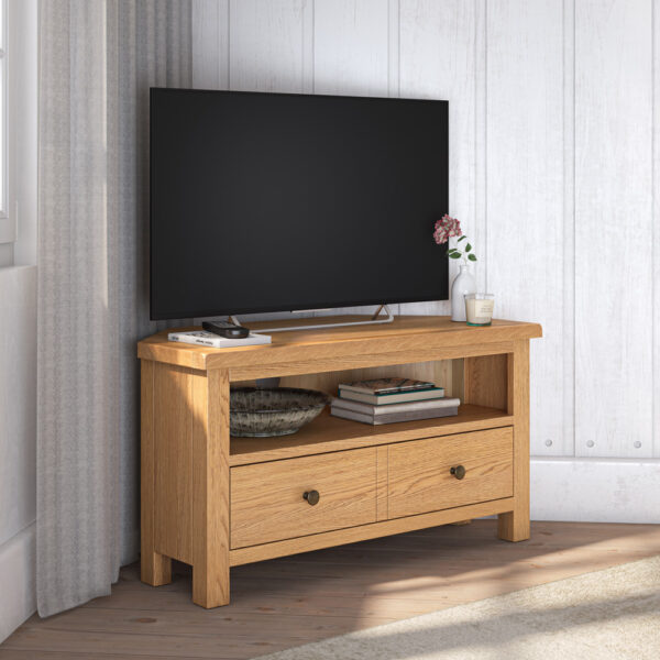 Bywell Waxed Oak Corner TV Unit | Fully Assembled | Clearance