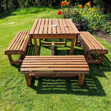 Timber Contemporary Table And Bench Set – Sits 8 | Assembled