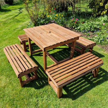 Timber Contemporary Table And Bench Set – Sits 8 | Assembled
