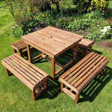 Timber Contemporary Table And Bench Set – Sits 8 | Assembled