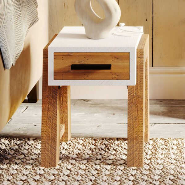 White Croydon Reclaimed Open Side Table With One Drawer | Bedside Table | Fully Assembled