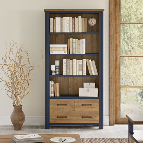 Blue Debden Large Open Bookcase with Drawers | Fully Assembled