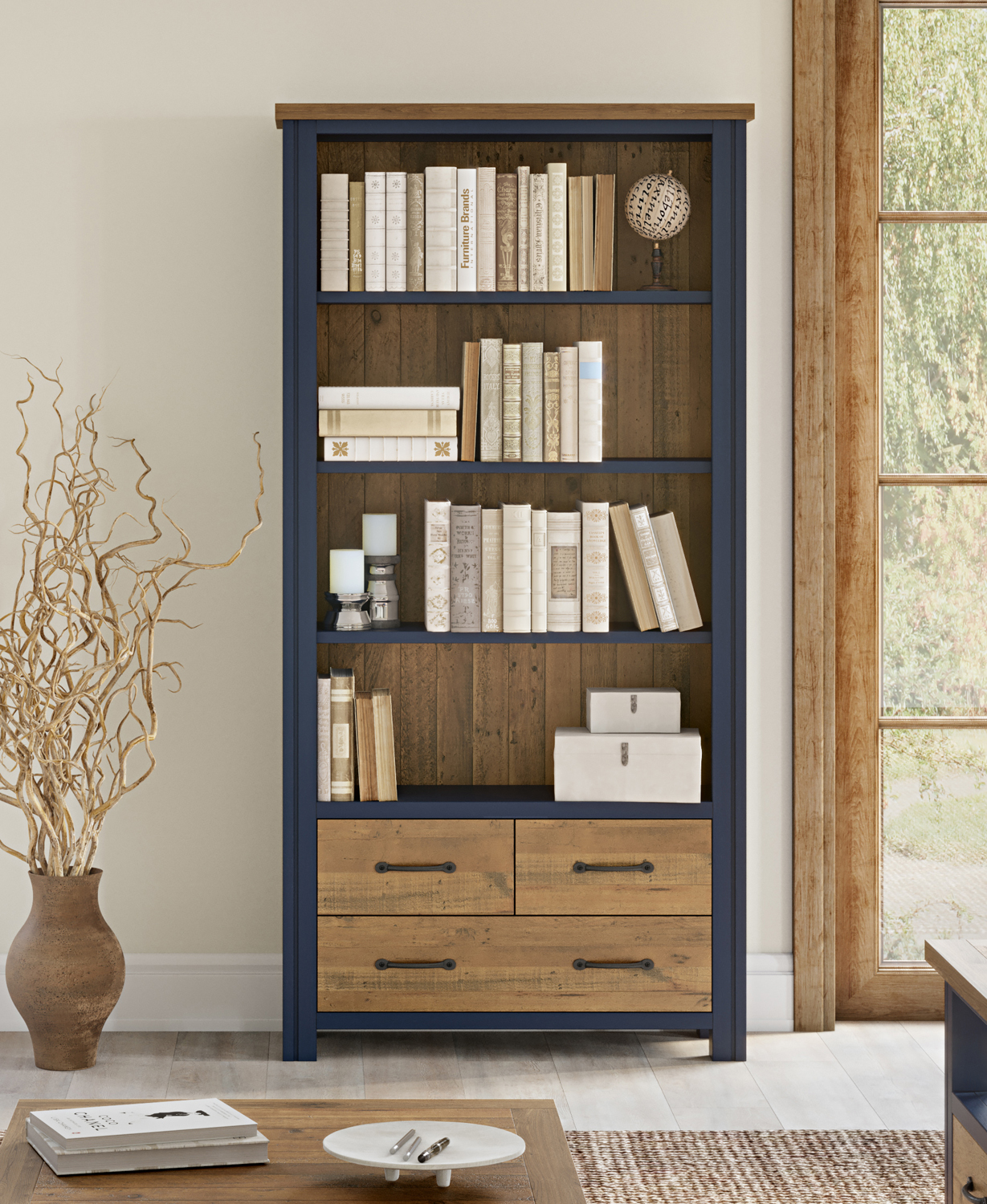 Debden Large Open Bookcase with Drawers Fully Assembled Oak World