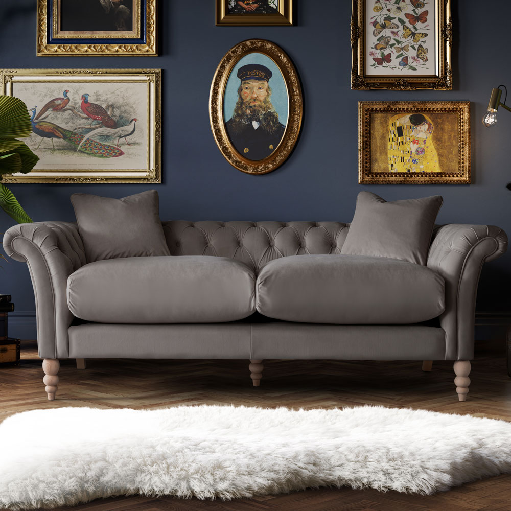 Truman 3 Seater Sofa Velvet Mushroom Fully Assembled Oak World