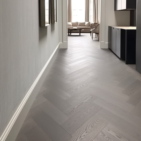 Timba Engineered Oak Flooring | Brushed & Oiled Whitewashed Grey Herringbone Finish