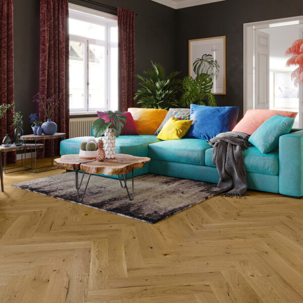Timba Engineered Oak Flooring | Smoked Oak - Brushed Matt Lacquered Herringbone Finish
