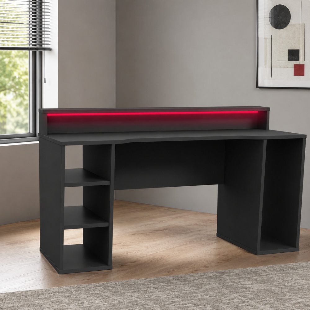 Tezaar Matt Black Gaming Desk | LED Lights