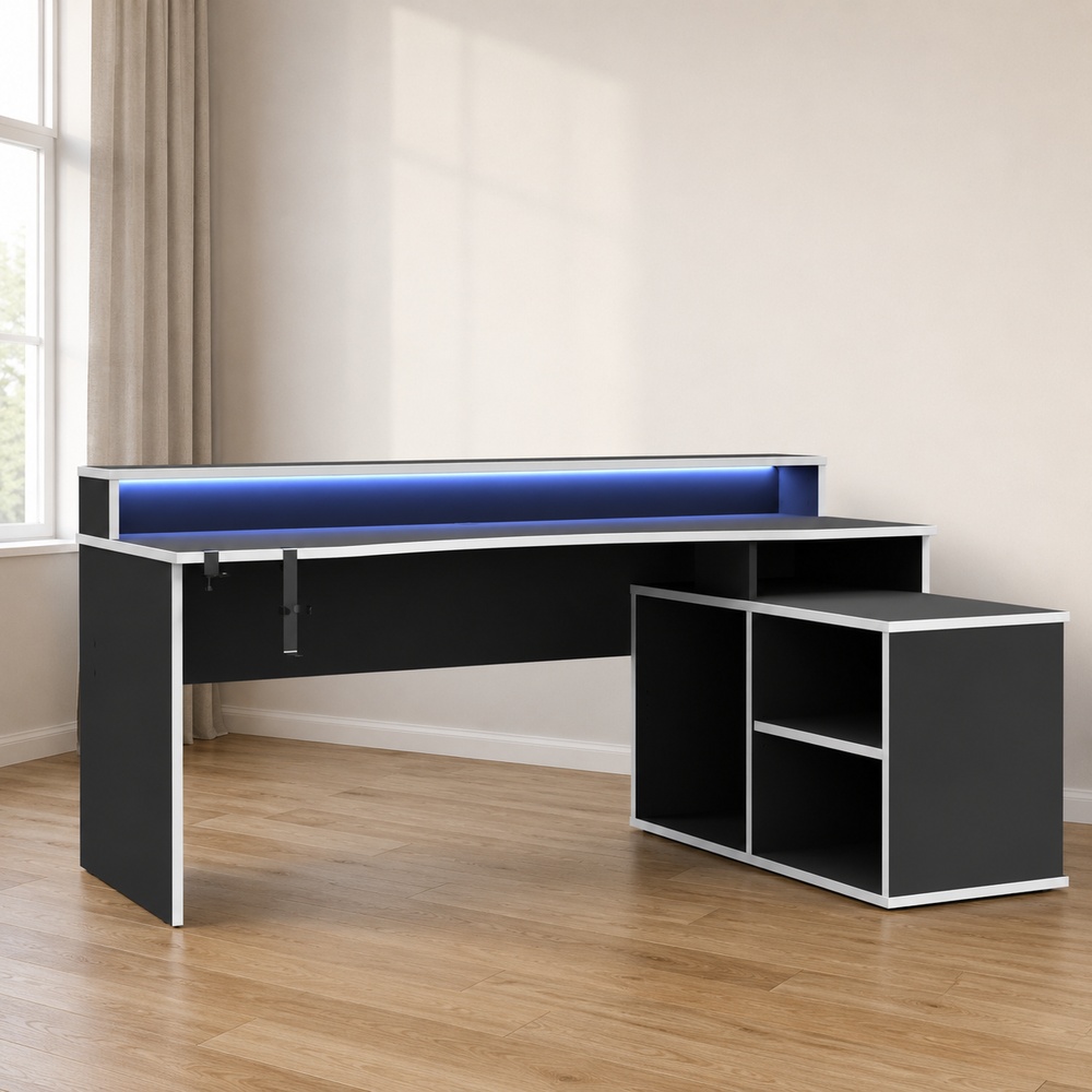 Tezaar Black & White Gaming Desk | LED Lights