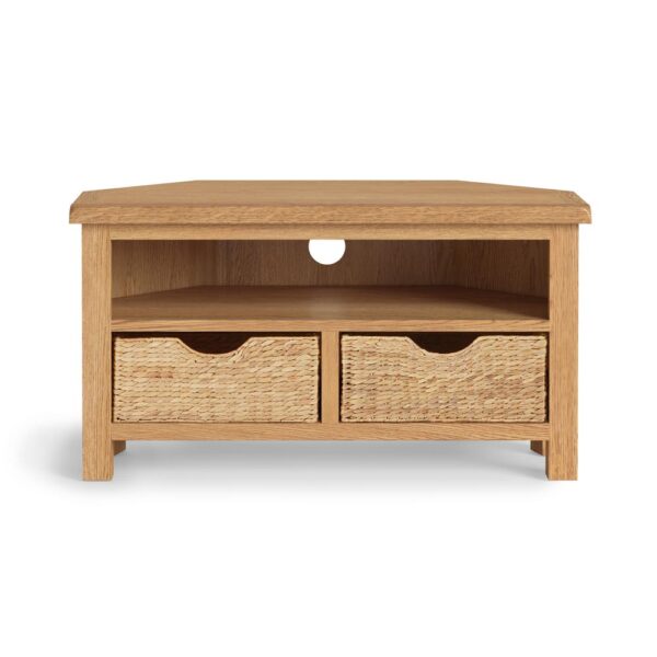 Bywell Waxed Oak Corner TV Unit With Baskets | Clearance