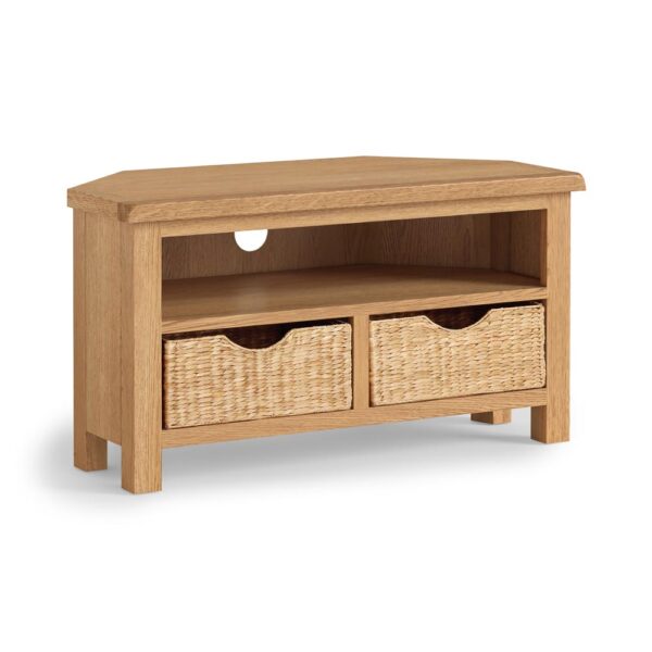 Bywell Waxed Oak Corner TV Unit With Baskets | Clearance