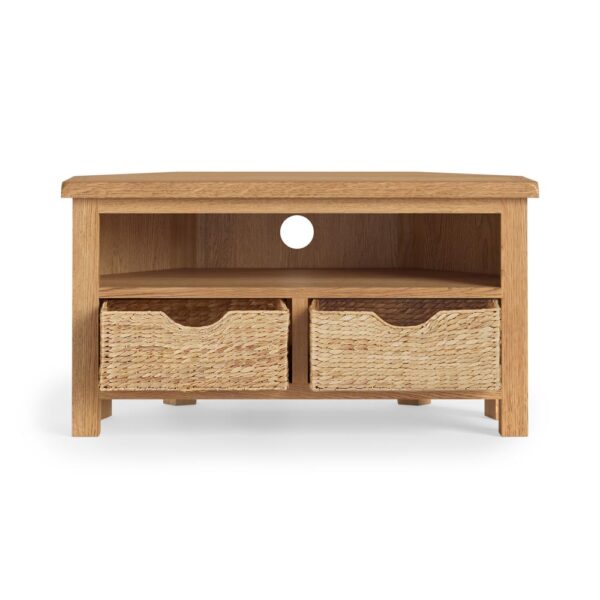 Bywell Waxed Oak Corner TV Unit With Baskets | Clearance