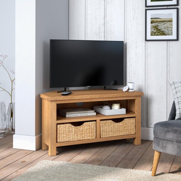 Bywell Waxed Oak Corner TV Unit With Baskets | Clearance