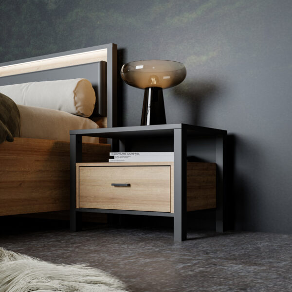 Hard Rock Bedside in Matte Black/Riviera Oak | Bedside Table | Self Assembly