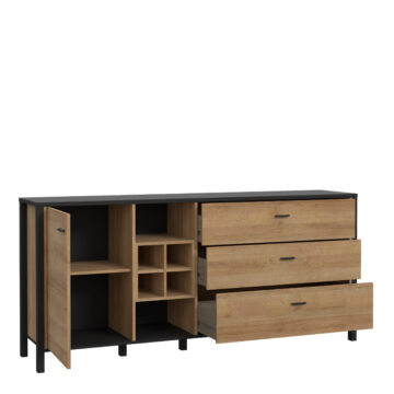 Hard Rock Matt Black 1 Door 3 Drawer Sideboard | Wine Rack | Riviera Oak