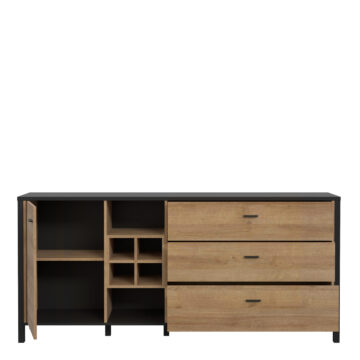 Hard Rock Matt Black 1 Door 3 Drawer Sideboard | Wine Rack | Riviera Oak