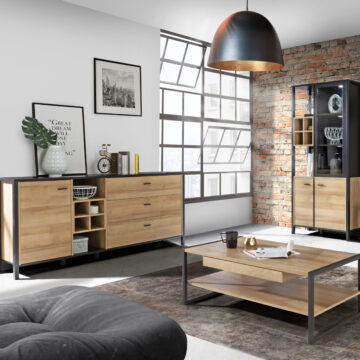 Hard Rock Matt Black 1 Door 3 Drawer Sideboard | Wine Rack | Riviera Oak