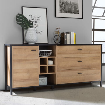 Hard Rock Matt Black 1 Door 3 Drawer Sideboard | Wine Rack | Riviera Oak
