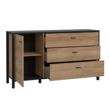 Hard Rock Matt Black 1 Door 3 Drawer Sideboard | Riviera Oak
