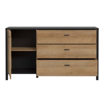 Hard Rock Matt Black 1 Door 3 Drawer Sideboard | Riviera Oak